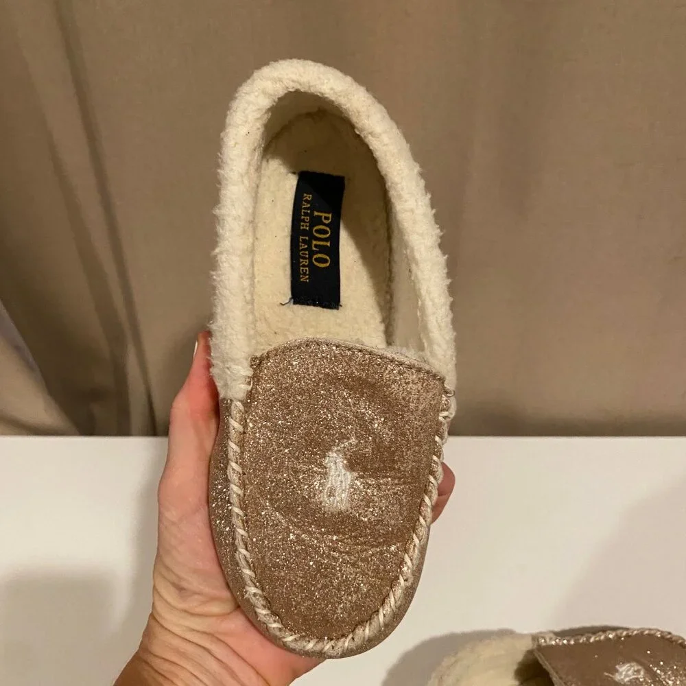 Polo Ralph Lauren Kids Gold Glitter Slippers Pony Logo Size 2 Fuzzy Lined‎
